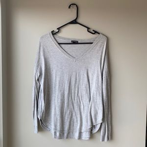 Soft Grey V-Neck Long Sleeve Top | Casual Loose Fit | Lightweight Sweater